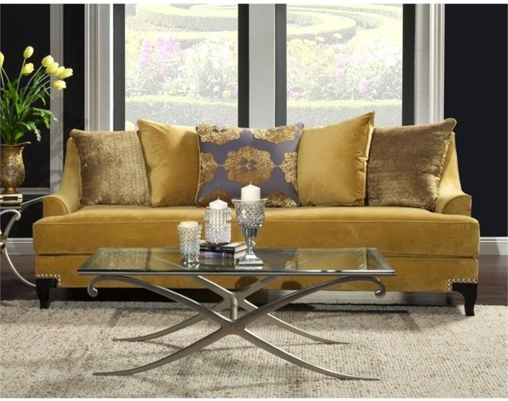 BOWERY HILL Traditional Velvet Upholstered Sofa, Gold Finish, Premium Velvet Fabric, Solid Wood Frame, 91' W x 40' D x 38' H, Includes Accent Pillows, Nailhead Trim, Comfortable Living Room Seating