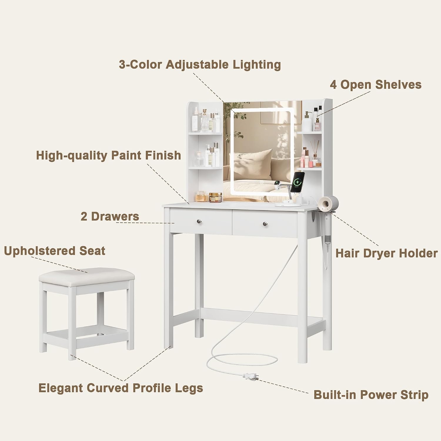 Vanity Desk with Mirror and LED Lights, Small Makeup Vanity Table Set with Drawers and Chair, Dressing Table with Power Outlet for Girls Bedroom, White