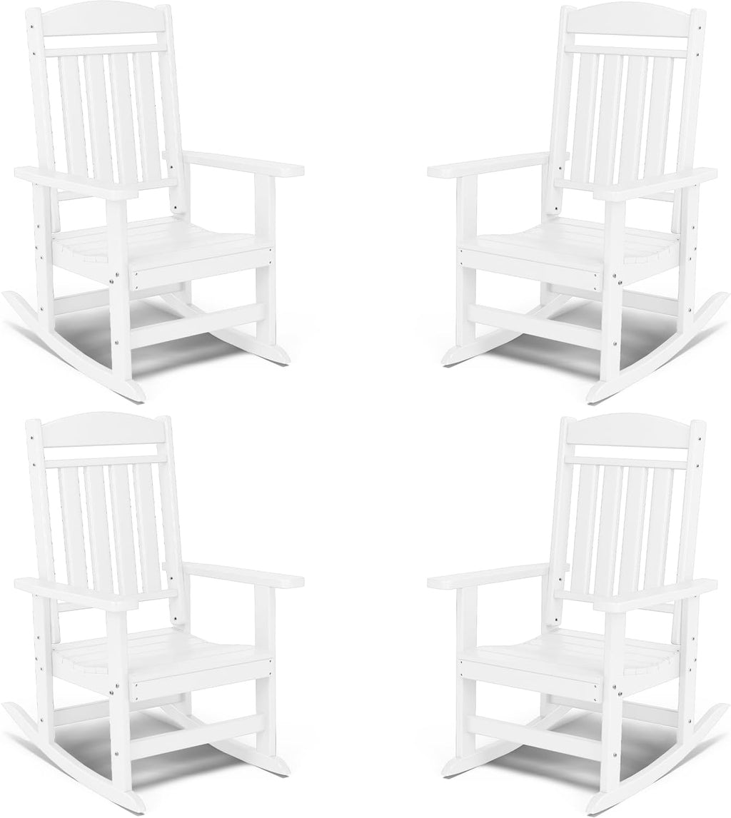 FOOWIN Outdoor Rocking Chair Set of 4, High Back Patio Rocking Chair, HDPE All Weather Resistant Porch Rocker for Adult, Oversized Rocking Chairs for Garden, Lawn, Indoor & Outdoor Use, White