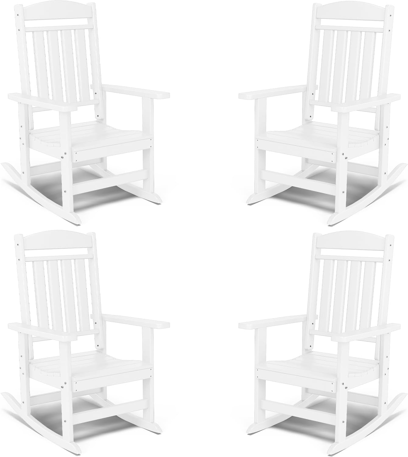 FOOWIN Outdoor Rocking Chair Set of 4, High Back Patio Rocking Chair, HDPE All Weather Resistant Porch Rocker for Adult, Oversized Rocking Chairs for Garden, Lawn, Indoor & Outdoor Use, White