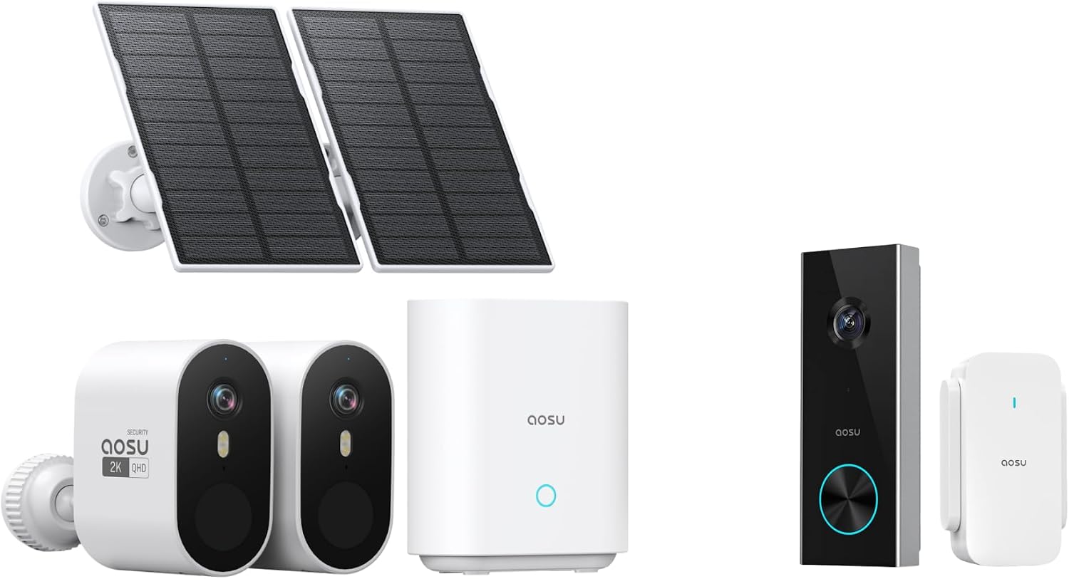 AOSU SolarCam Pro System 2-Kit + 2K Doorbell Camera - No Monthly Fee