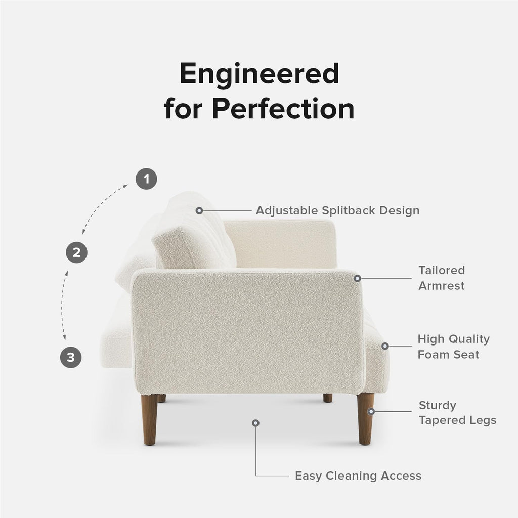 mopio 76.4' Futon Sofa Bed, Couch, Loveseat, Sleeper Sofa, Mid Century Modern Futon Couch, Sofa Cama, Couches for Living Room (Aaron, Pearl White Boucle)