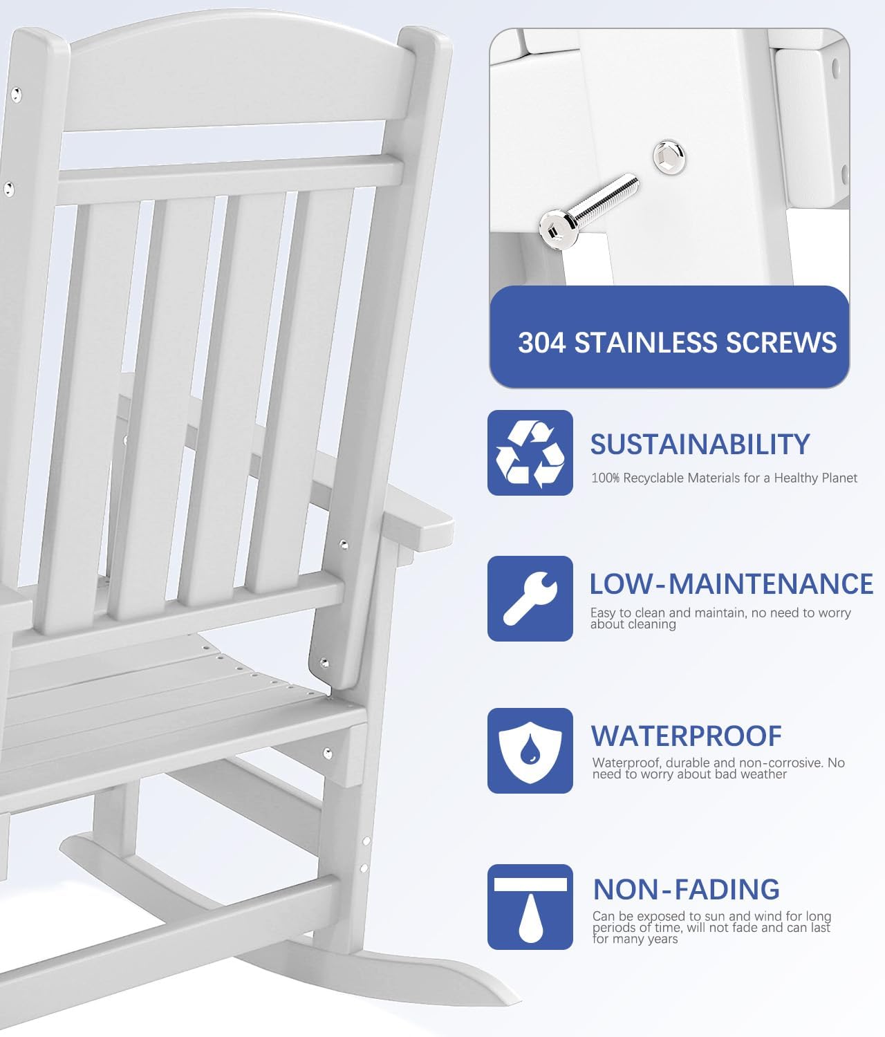 FOOWIN 3-Piece Outdoor Rocking Chairs Set, High Back Patio Rocker with Side Table, HDPE All Weather Resistant Oversized Rocking Chairs for Indoors, Porch, Patio, Backyard, White