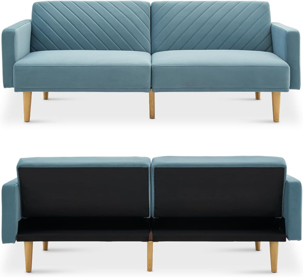 mopio 76.4' Futon Sofa Bed, Couch, Loveseat, Sleeper Sofa, Mid Century Modern Futon Couch, Sofa Cama, Couches for Living Room (Sky Blue Premium Velvet)