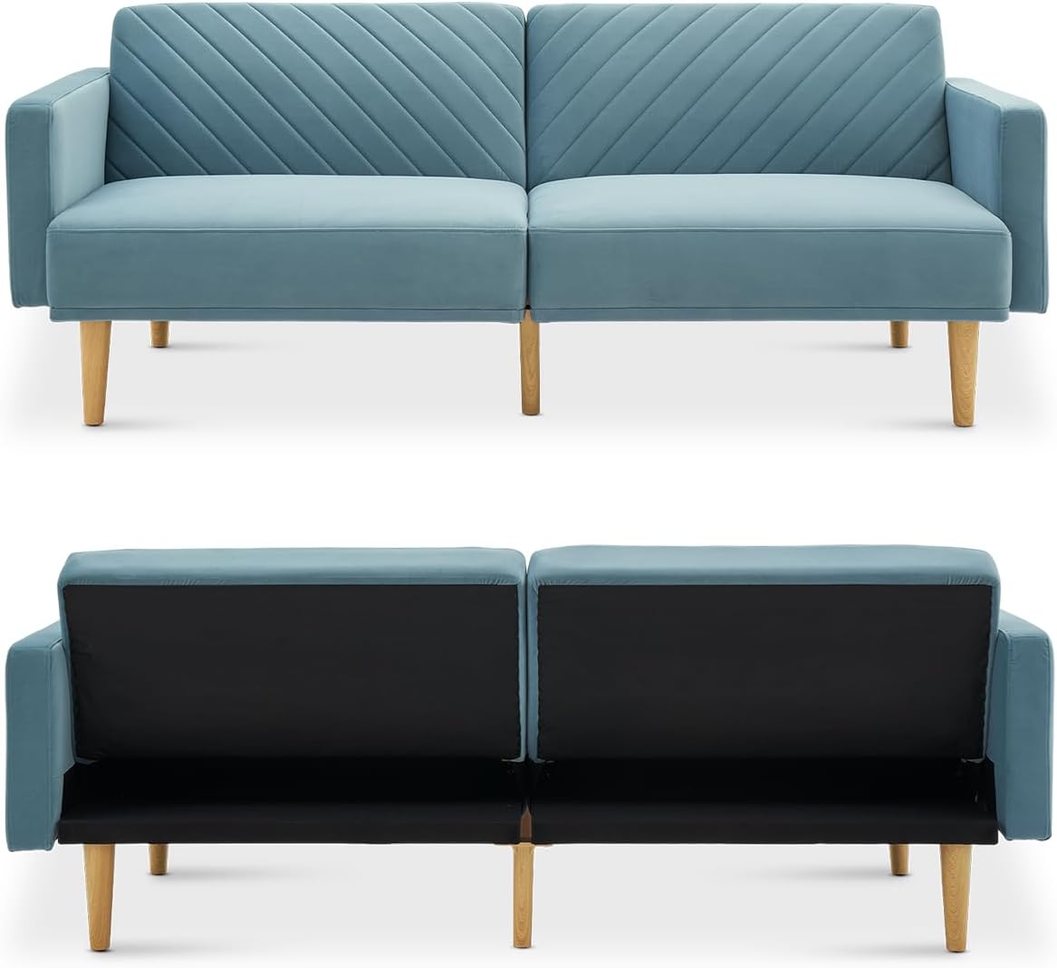 mopio 76.4' Futon Sofa Bed, Couch, Loveseat, Sleeper Sofa, Mid Century Modern Futon Couch, Sofa Cama, Couches for Living Room (Sky Blue Premium Velvet)