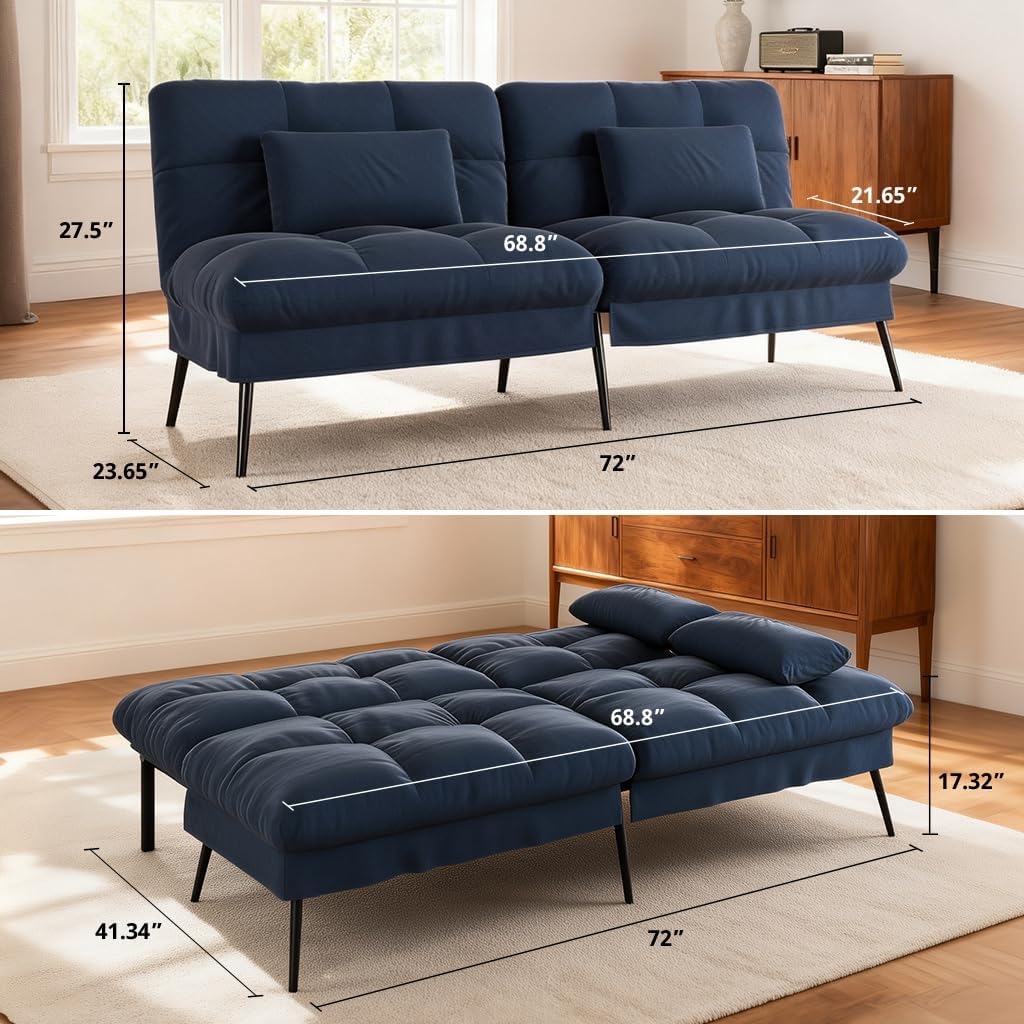 COMHOMA 72″ Futon Sofa Bed,Convertible Fabric Futons Couch with Adjustable Backrest, Folding Sleeper Recliner for Living Room Furniture (Blue)