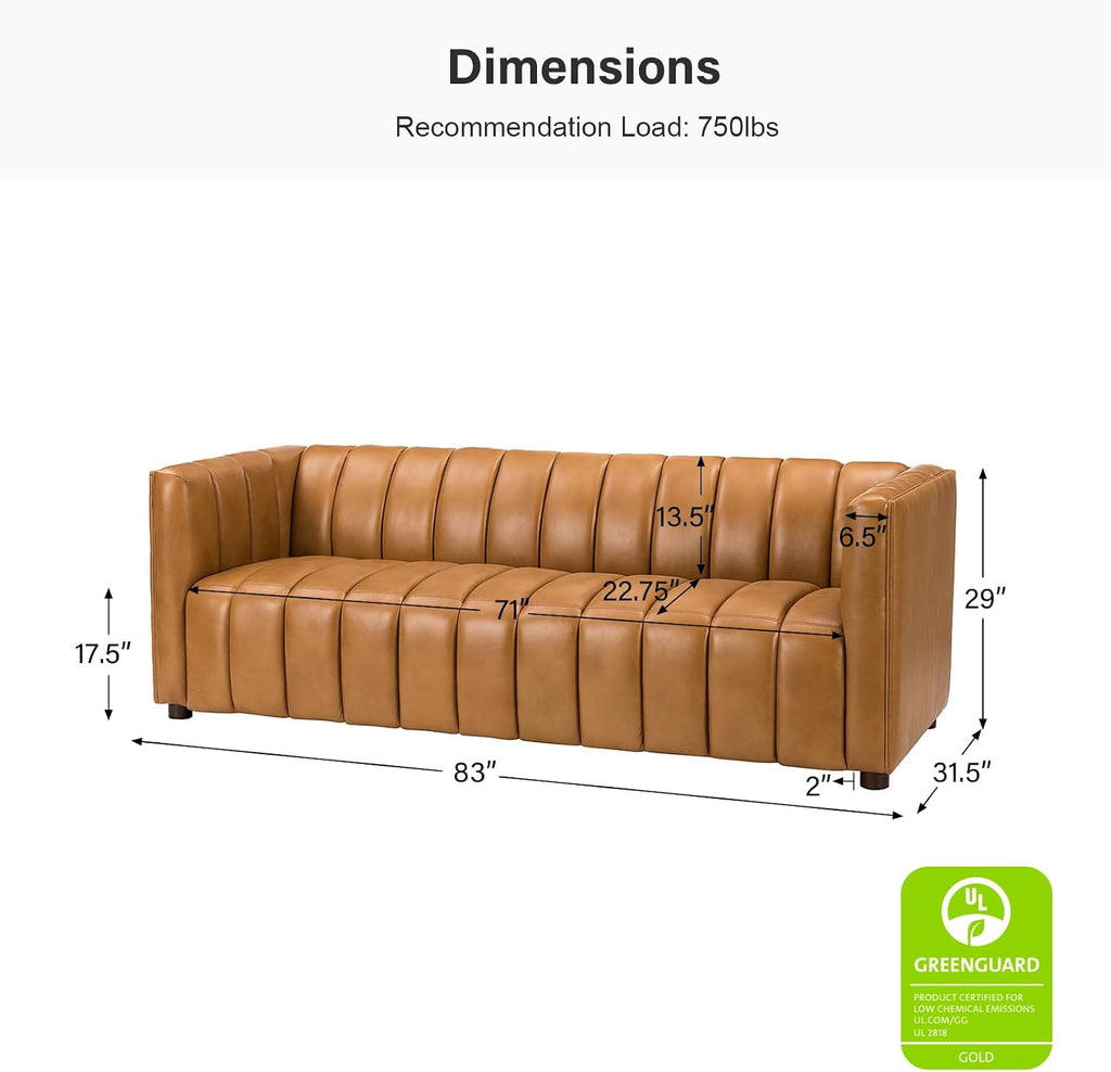 HULALA HOME 83' Genuine Leather Sofa with Channel Tufted Design, 3-Seater Sofa for Living Room Bedroom, Modern Oversized Couch with Wood Legs, Camel