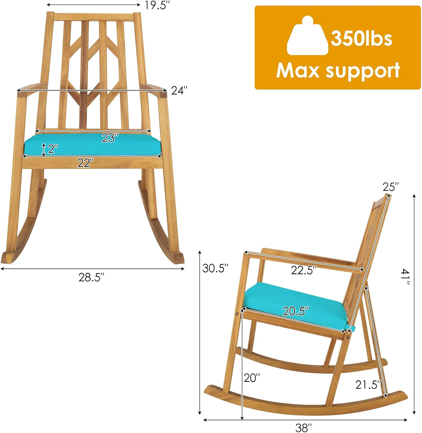 Tangkula 2 Pieces Acacia Wood Patio Rocking Chair, Outdoor Porch Rocker W/Removable High-Density Cushion, All-Weather Resistance, Perfect for Garden, Backyard, Poolside