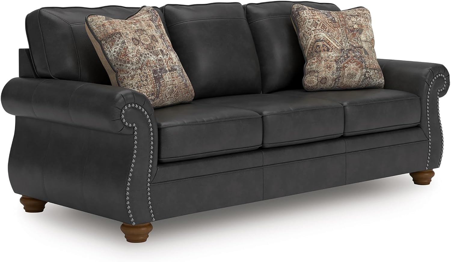Signature Design by Ashley Chatterton Rustic Faux Leather Queen Sofa Sleeper with Bi-Fold Memory Foam Mattress, Nailhead Trim and 2 Throw Pillows, Queen, Black