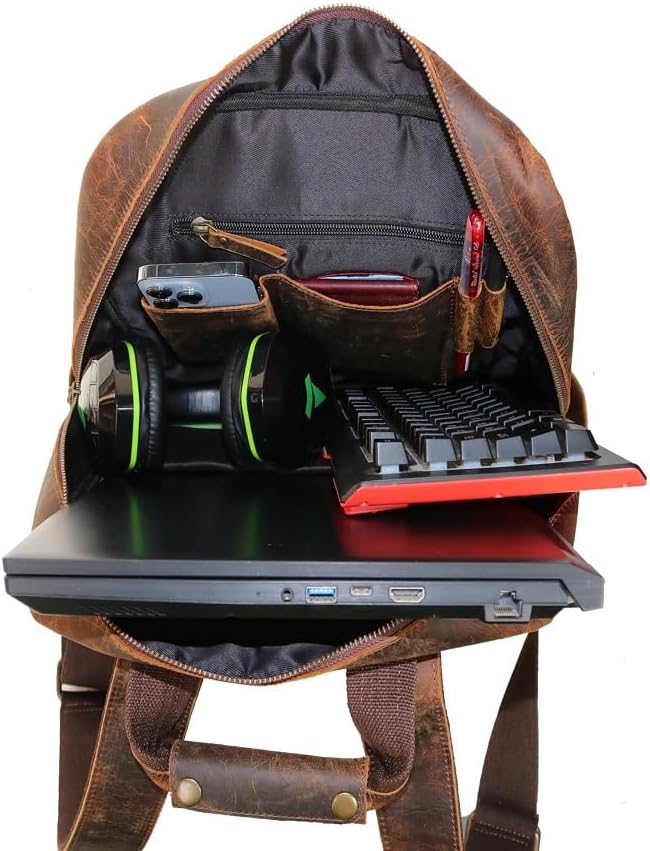 Jaald Leather Laptop Backpack Rucksack Multipocket Full Grain Leather Gaming Laptop Bag School Daypack For Men Anti-Theft Pocket Brown