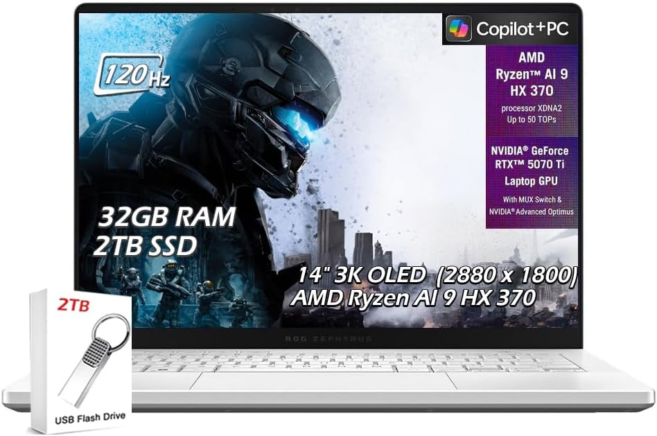 ASUS ROG Zephyrus G14 Copilot+ PC Gaming Laptop, 14' OLED 3K 120Hz, AMD Ryzen AI 9 HX 370, NVIDIA GeForce RTX 5070Ti, WiFi7, Win11, Platinum White, (32GB RAM |2TB SSD), w/2TB USB Drive, W/GaLiMu