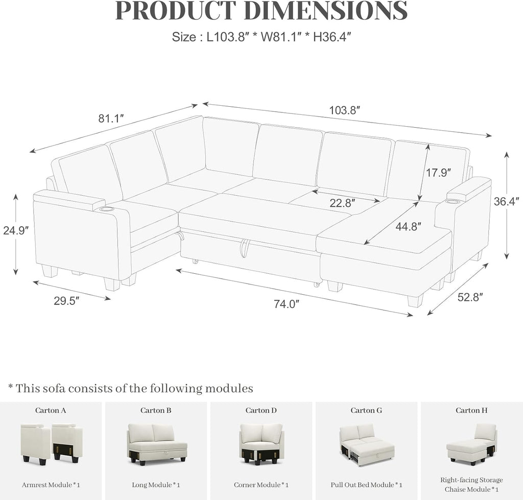 Belffin Sleeper Sofa Modular Sectional Pull Out Couch Bed U Shaped Sofa Couch for Living Room with Storage Chaise. White