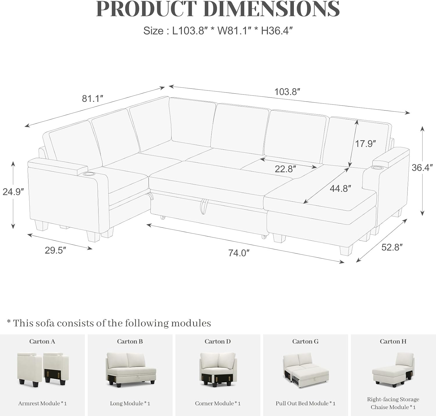 Belffin Sleeper Sofa Modular Sectional Pull Out Couch Bed U Shaped Sofa Couch for Living Room with Storage Chaise. White