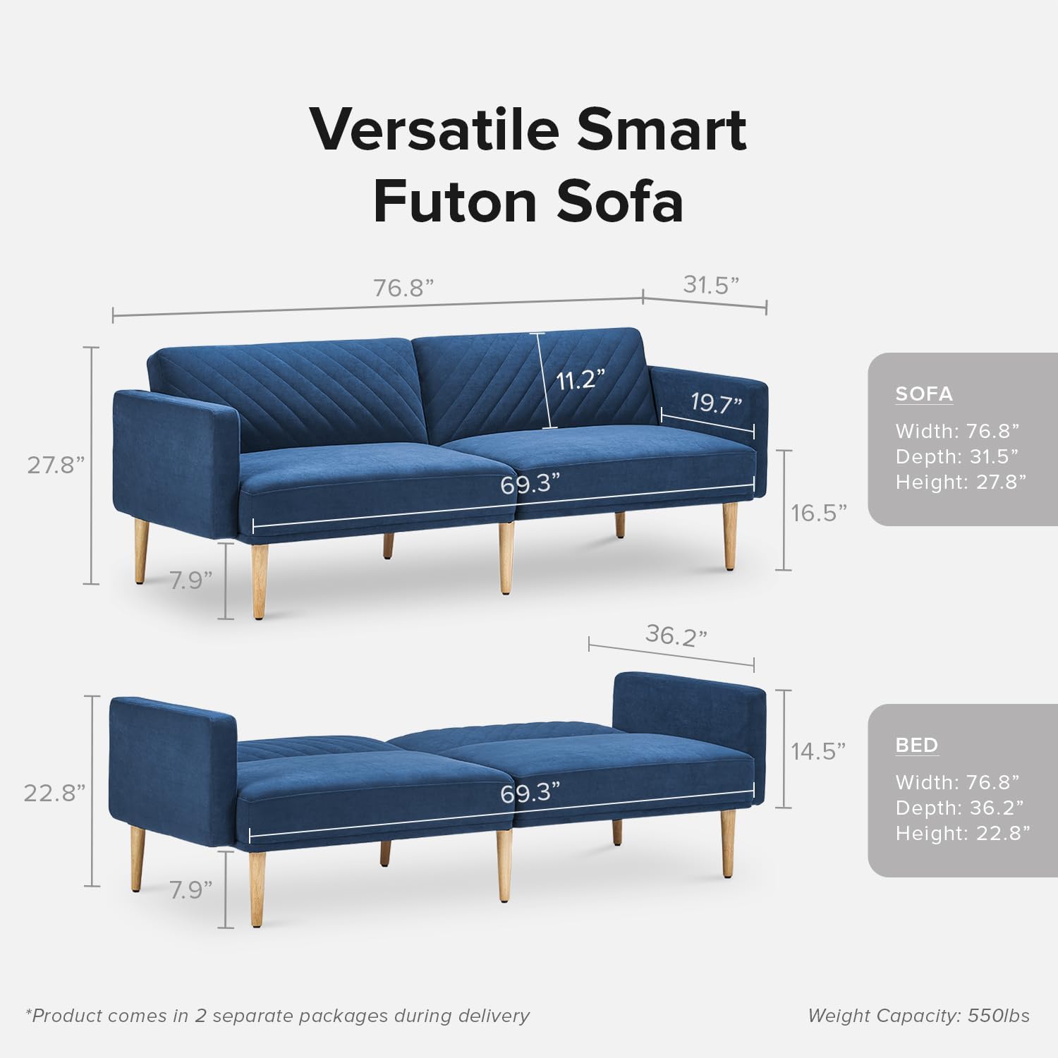 mopio 76.4' Futon Sofa Bed, Couch, Loveseat, Sleeper Sofa, Mid Century Modern Futon Couch, Sofa Cama, Couches for Living Room (Classic Blue Velvet)