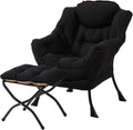 MBOOYOME Lazy Chair with Folding Ottoman, Modern Accent Lounge Armchair with Armrests and a Side Pocket & Foldable Footstool, Leisure Reading Chair for Living Room, Bedroom, Dorm & Office, Black