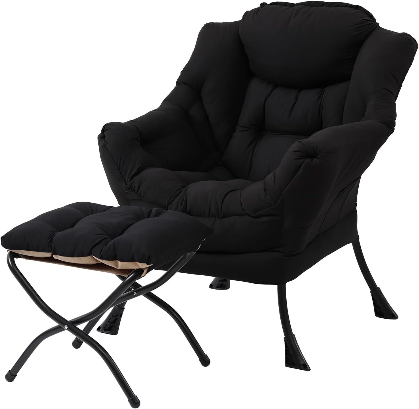 MBOOYOME Lazy Chair with Folding Ottoman, Modern Accent Lounge Armchair with Armrests and a Side Pocket & Foldable Footstool, Leisure Reading Chair for Living Room, Bedroom, Dorm & Office, Black
