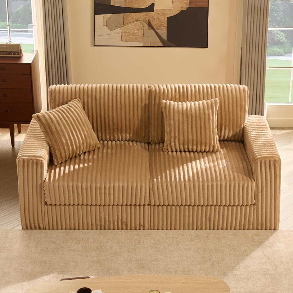 Cloud Couch Queen Sofa 80' 2-Seater Sofa(Not Boneless), Set of Modern Corduroy Loveseat with Deep Seats, High Backrest & Pocket Spring Cushions, Comfy Upholstered Couch for Living Room, Camel