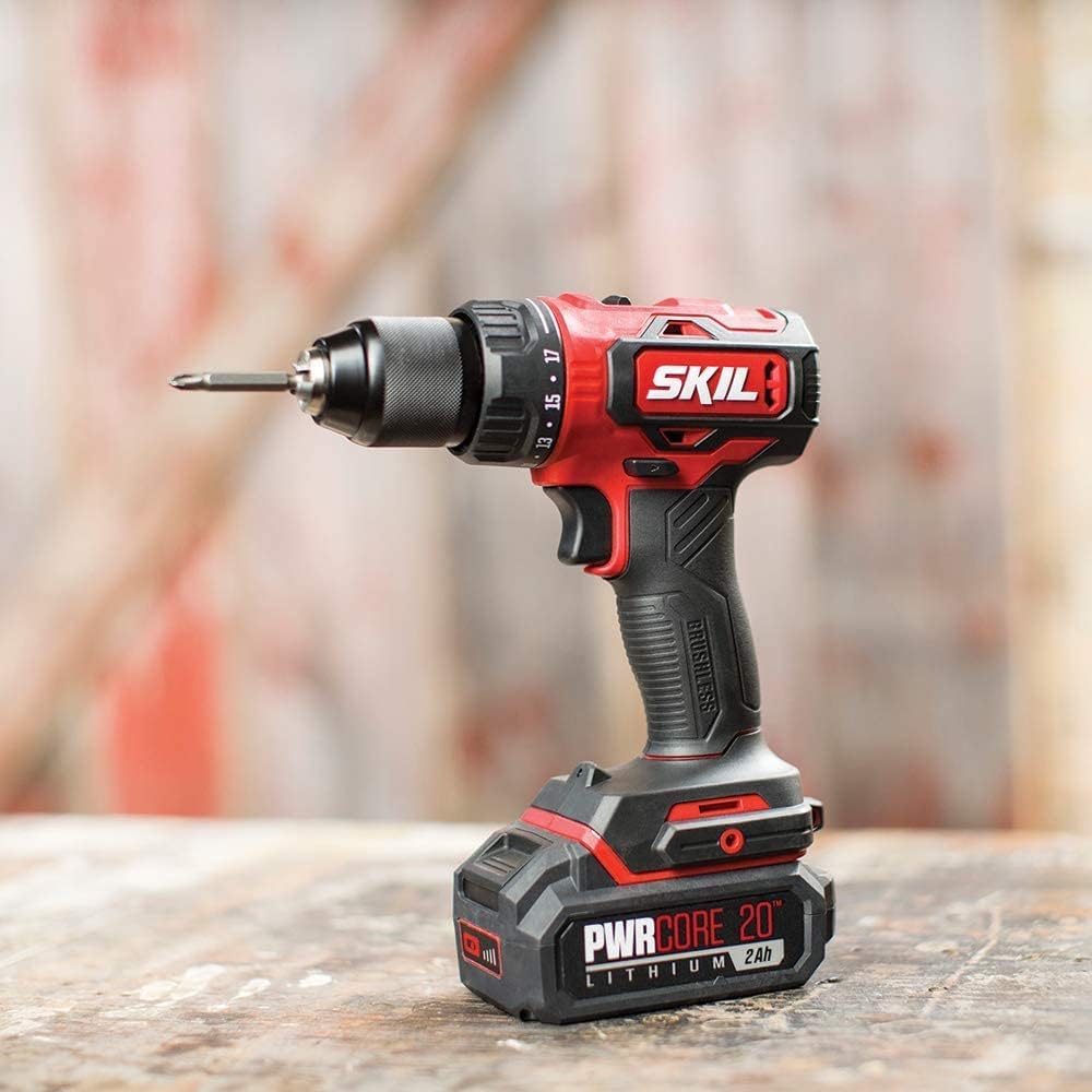 SKIL PWR CORE 20 Brushless 20V Drill Driver & Impact Driver Kit, Includes 2.0Ah Lithium Battery and PWR JUMP Charger - CB743701, Red