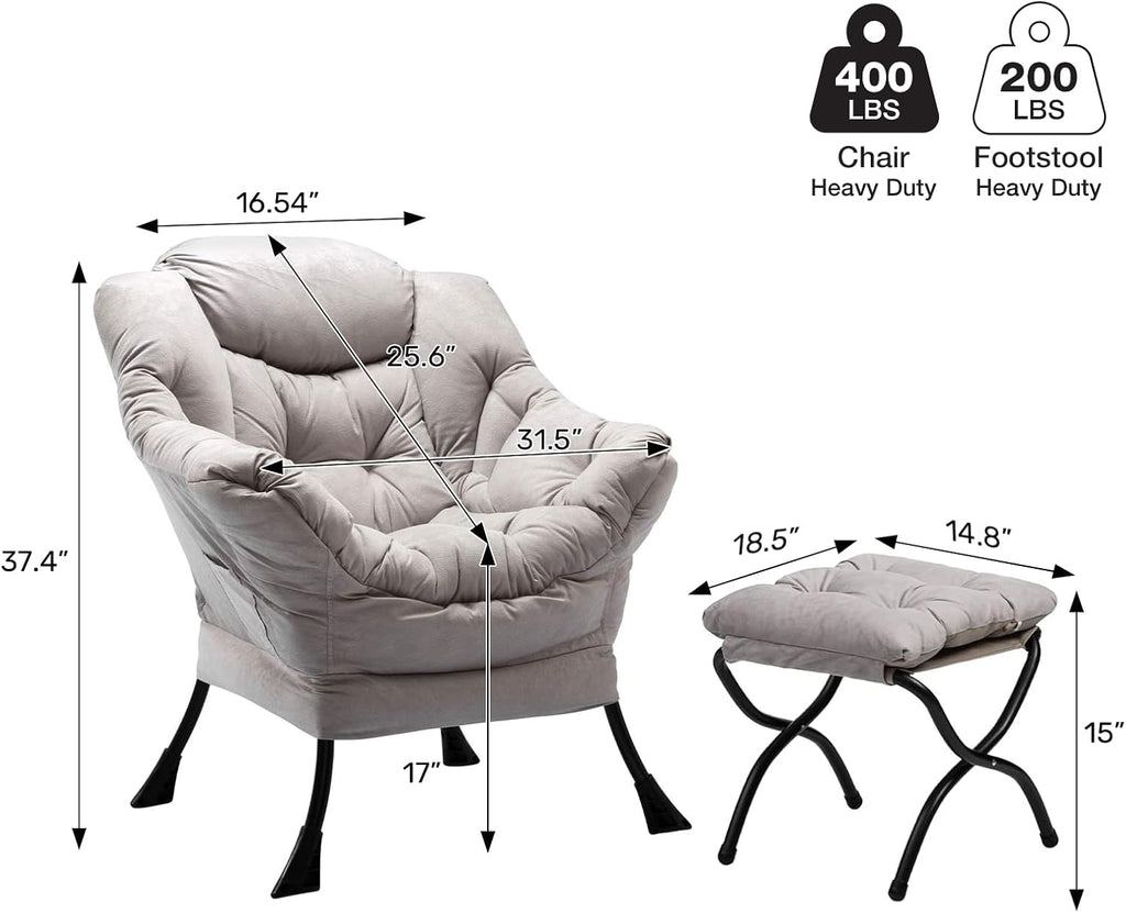HollyHOME Lazy Chair with Foldable Ottoman, Accent Comfy Lounge Armchair and Folding Footrest Stool, Leisure Sofa Reading Chair and Footstool for Living Room, Bedroom, Dorm,Textured Grey
