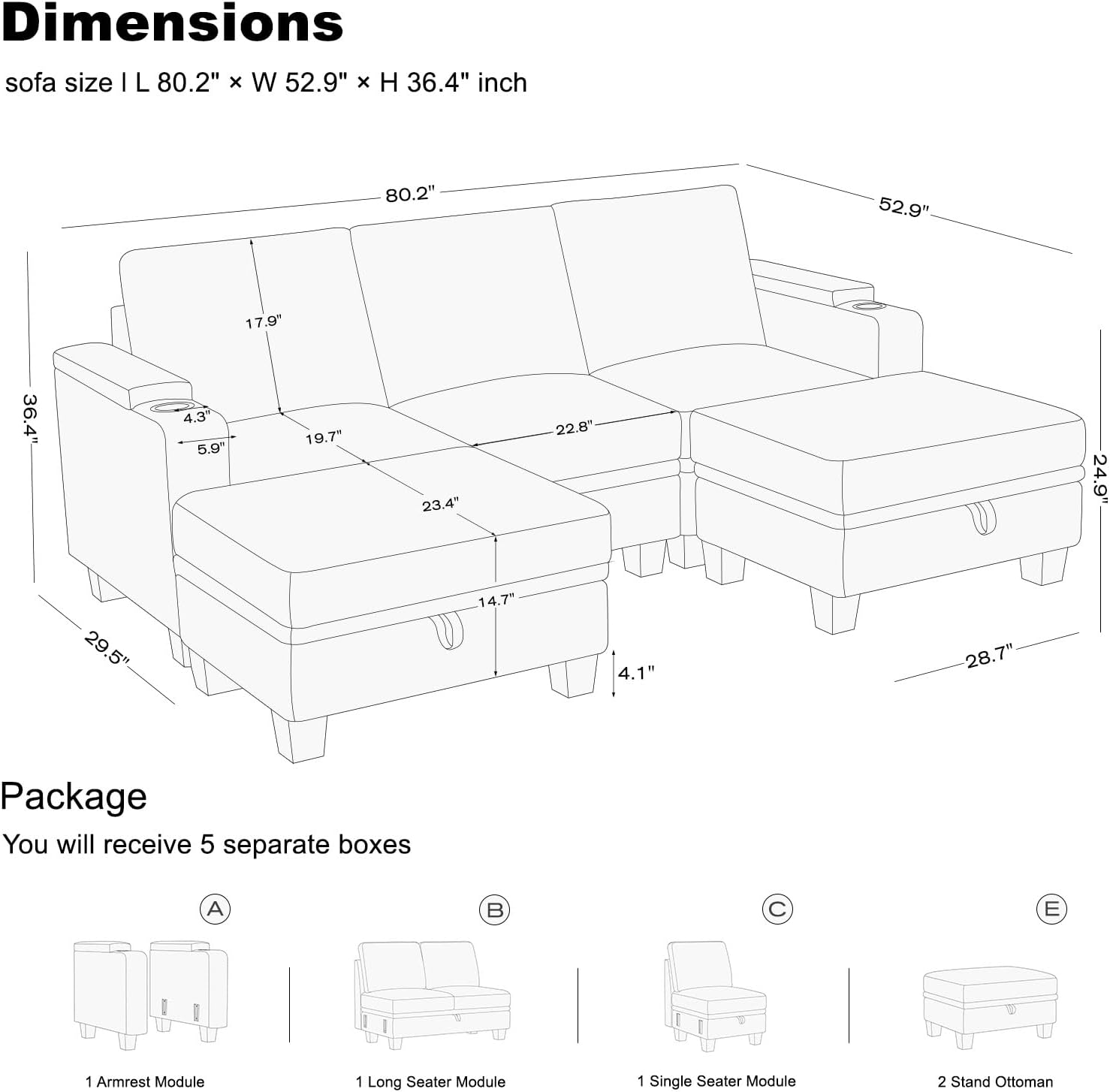 Belffin Small Corner Modular Sectional Couches for Living Room U Shaped Couch with Cup Holder Light Grey Couch