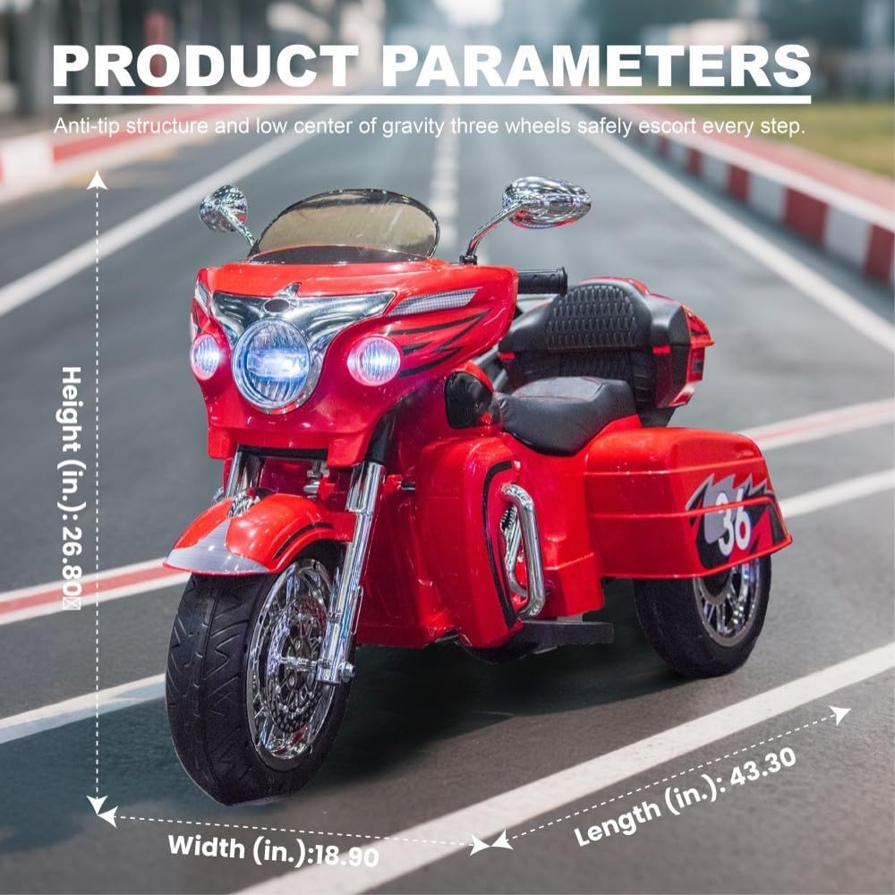 Kids Motorcycle | 12V Electric Ride-On Motorcycle for Kids Ages 3-8 | 2-Seat, 3-Wheel Toy Car with Bluetooth, LED Lights | Safe Toy Vehicle Gift (Red)