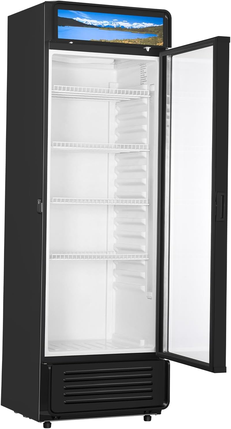 VEVOR Commercial Merchandiser Refrigerator, 13.3 CU.FT Glass Door Display Refrigerator, Beverage Cooler Merchandiser with Adjustable Shelves, Soft LED Light, Customizable Lightbox, Black