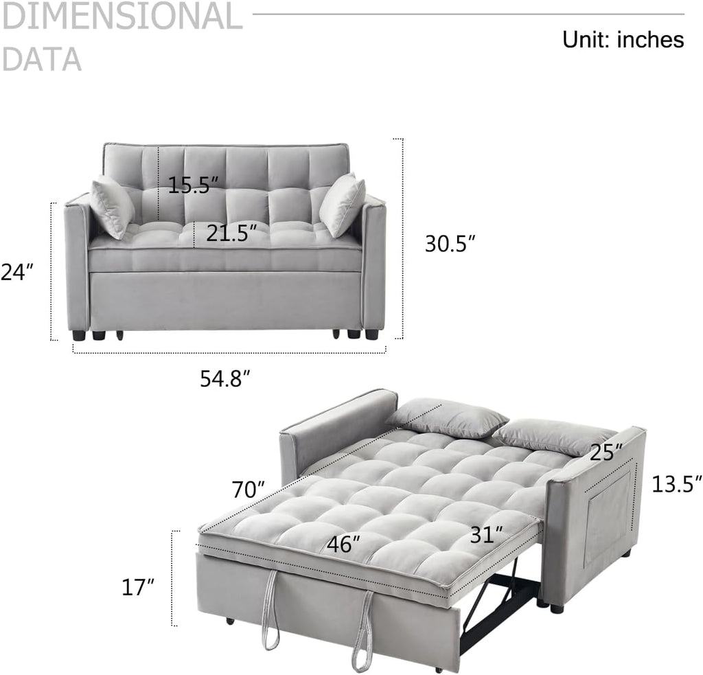 ECHINGLE Futon Sofa Bed, 3 in 1 Sleeper Sofa Couch Bed with Armrests, Storage Pockets and 2 Pillows, Adjustable Backrest, Sofa Bed Couch for Living Room, Bedroom, Office,Reading Room(Grey)