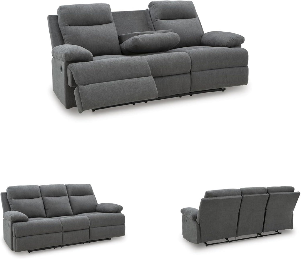 Signature Design by Ashley Yarrow Lane Classic Chenille Manual Pull Tab Reclining Sofa with Drop Down Table and USB Charging, Gray