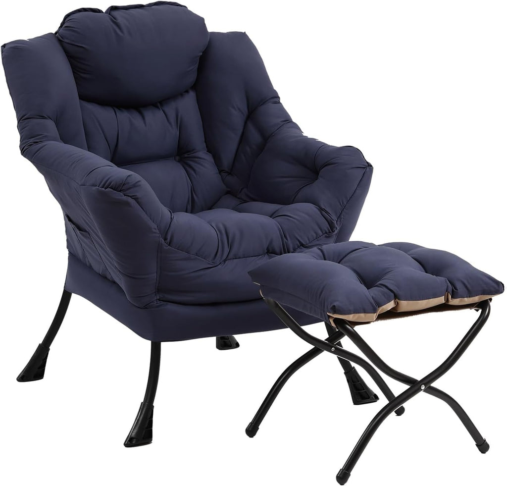 Furlide Lazy Chair with Ottoman, Modern Accent Chairs with Folding Footrest, Navy Blue Sofa Chair Set, Comfortable Reading Chairs, Oversized Armchairs for Bedroom, Study, Living Room, Courtyard
