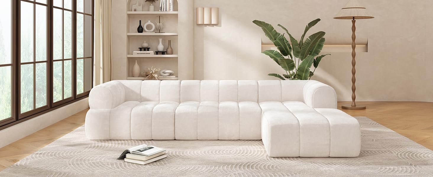Christopher Knight Home Mania 122' Modular L-Shape Sofa Couch with Chaise Lounge, Modern Sectional Sofa Set for Living Room, Boucle Fabric Upholstered Cloud Couch with Deep Seat, Milky White