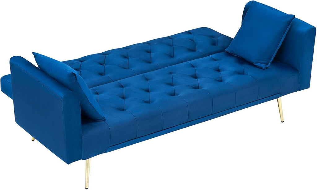 71' Modern Velvet Sofa Bed Futon, Convertible Sleeper Couch with Adjustable Backrest, Tufted Recliner Loveseat with Golden Chrome Legs & 2 Pillows for Small Spaces, Living Room, Apartment (Blue)