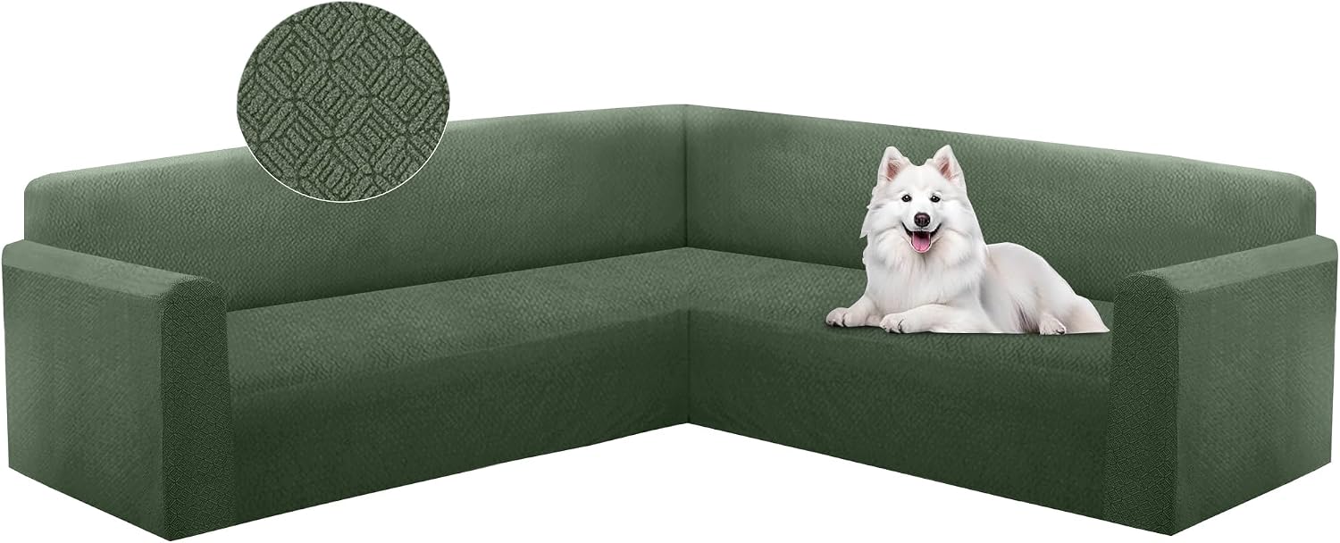 HDCAXKJ Sectional Couch Cover L Shape Stretch Sofa Covers Washable Jacquard Corner Couch Slipcover Non Slip Sectional Slip Cover U Shaped Furniture Protector for Pets Dogs (Army Green, X-Large)