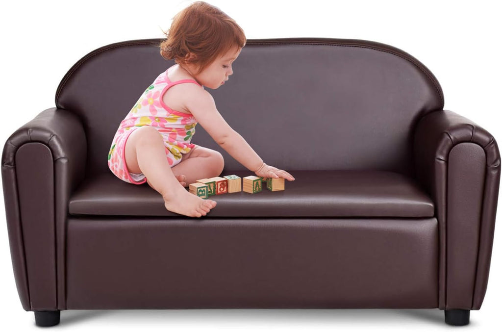 Costzon Kids Couch, 2 in 1 Double Seat Children's Sofa w/Under Seat Storage, PU Leather Surface, Toddler Armrest Chair, Kids Room, Soft Sofa with Storage for Preschool Baby Boys Girls Gifts