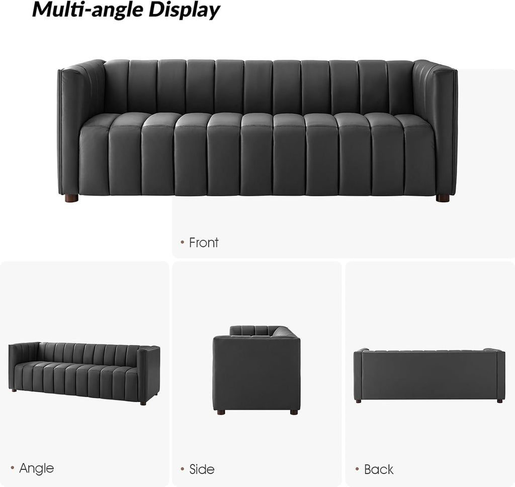 HULALA HOME 83' Genuine Leather Sofa with Channel Tufted Design, 3-Seater Sofa for Living Room Bedroom, Modern Oversized Couch with Wood Legs, Charcoal