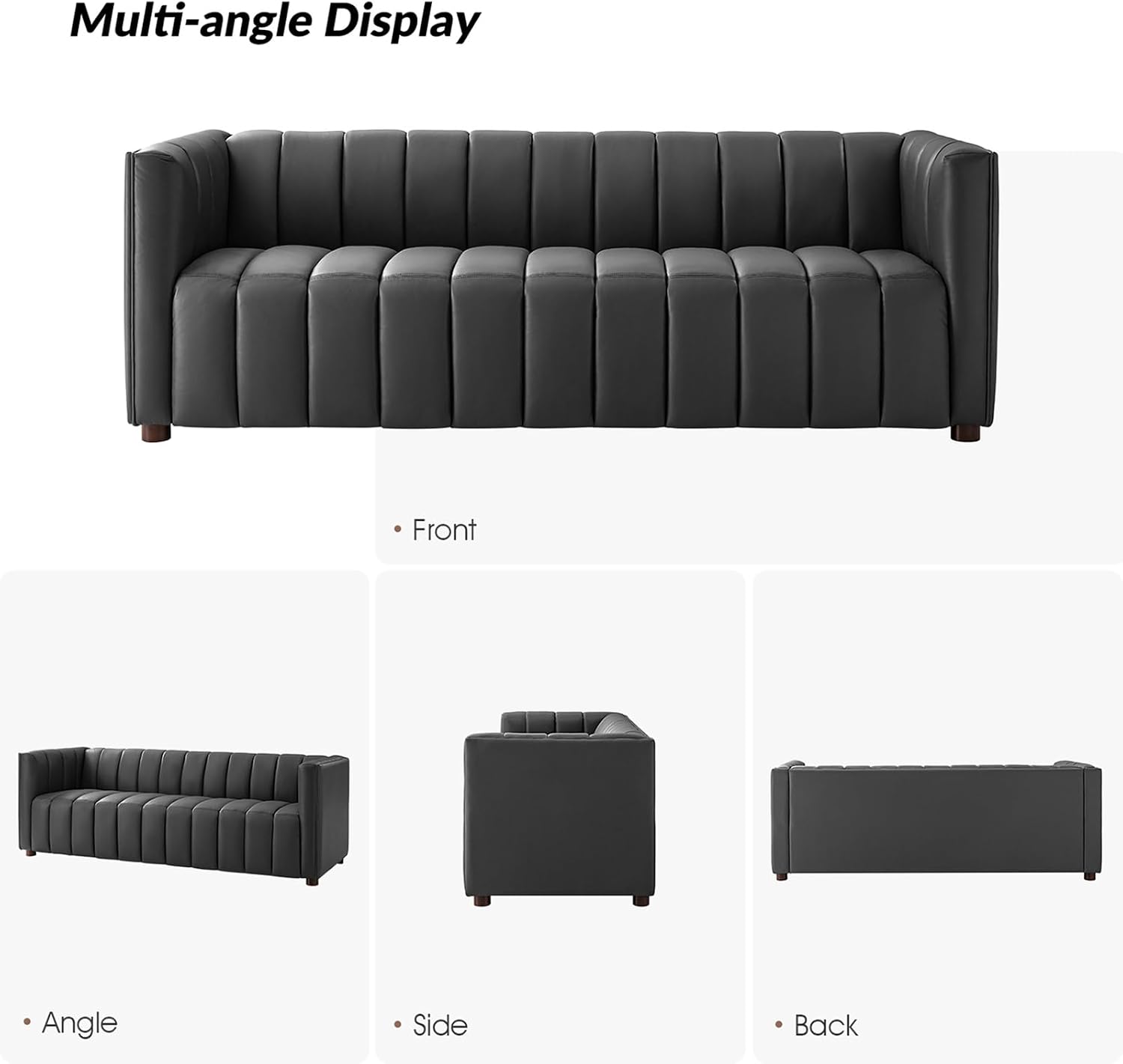 HULALA HOME 83' Genuine Leather Sofa with Channel Tufted Design, 3-Seater Sofa for Living Room Bedroom, Modern Oversized Couch with Wood Legs, Charcoal