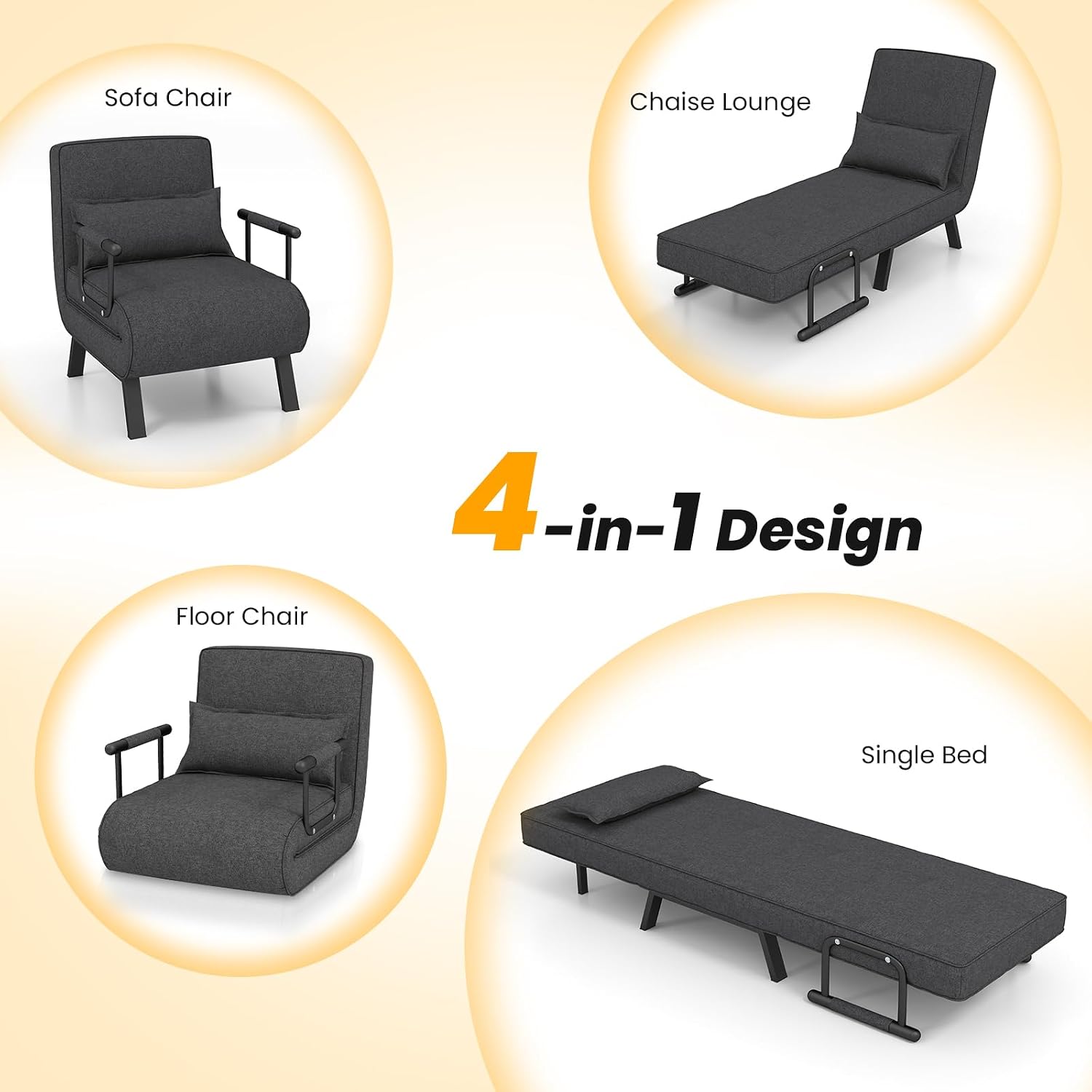 Giantex Convertible Sofa Bed, 4-in-1 Sleeper Chair with Pillow, Modern Recliner Guest Bed with 6 Positions Adjustable Backrest, Metal Legs, Linen Fabric Armchairs for Nursery Living Room Office