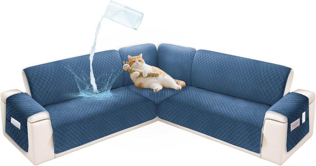 Sectional Couch Covers for Dogs 100% Waterproof Corner L Shaped Sofa Cover Pet Friendly Velvet Washable Anti Slip L Shape Modular Sofa Slipcover Protector with Pockets (Blue, Small)