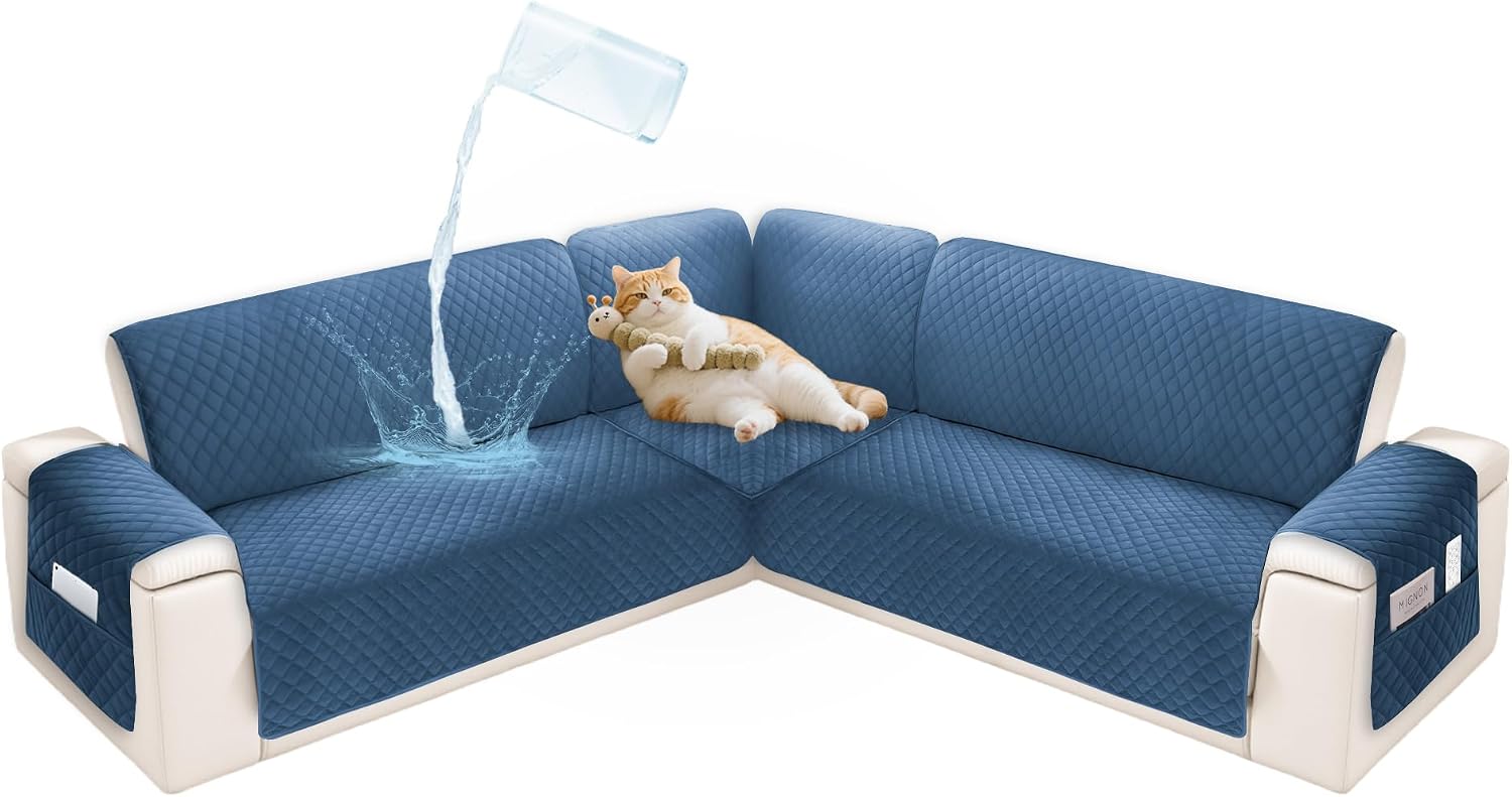 Sectional Couch Covers for Dogs 100% Waterproof Corner L Shaped Sofa Cover Pet Friendly Velvet Washable Anti Slip L Shape Modular Sofa Slipcover Protector with Pockets (Blue, Small)