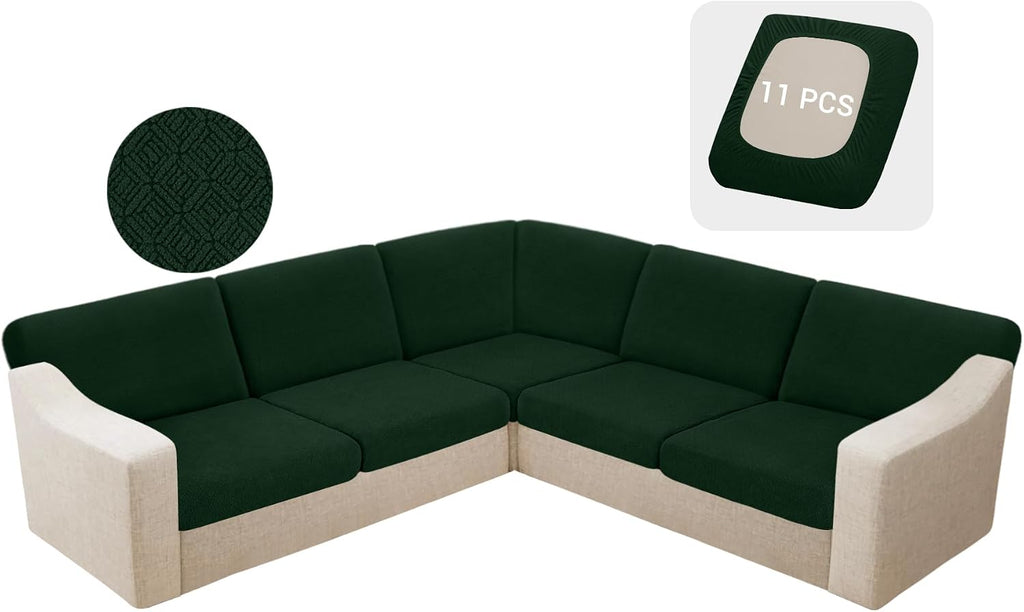 HDCAXKJ Waterproof Sectional Couch Cushion Covers 11 Pieces Stretch Jacquard L Shaped Corner Sofa Slipcover Back Cover Soft Sofa Seat Cushion Covers for Dogs (5 Seater and 6 Backrest, Blackish Green)