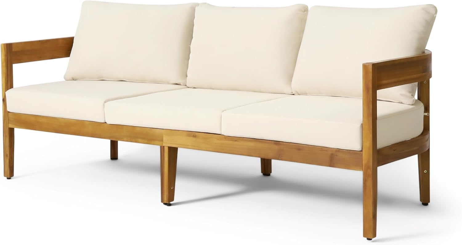 Brooklyn Outdoor 3 Seater Sofa with Cushions - Acacia Wood - Teak/Beige