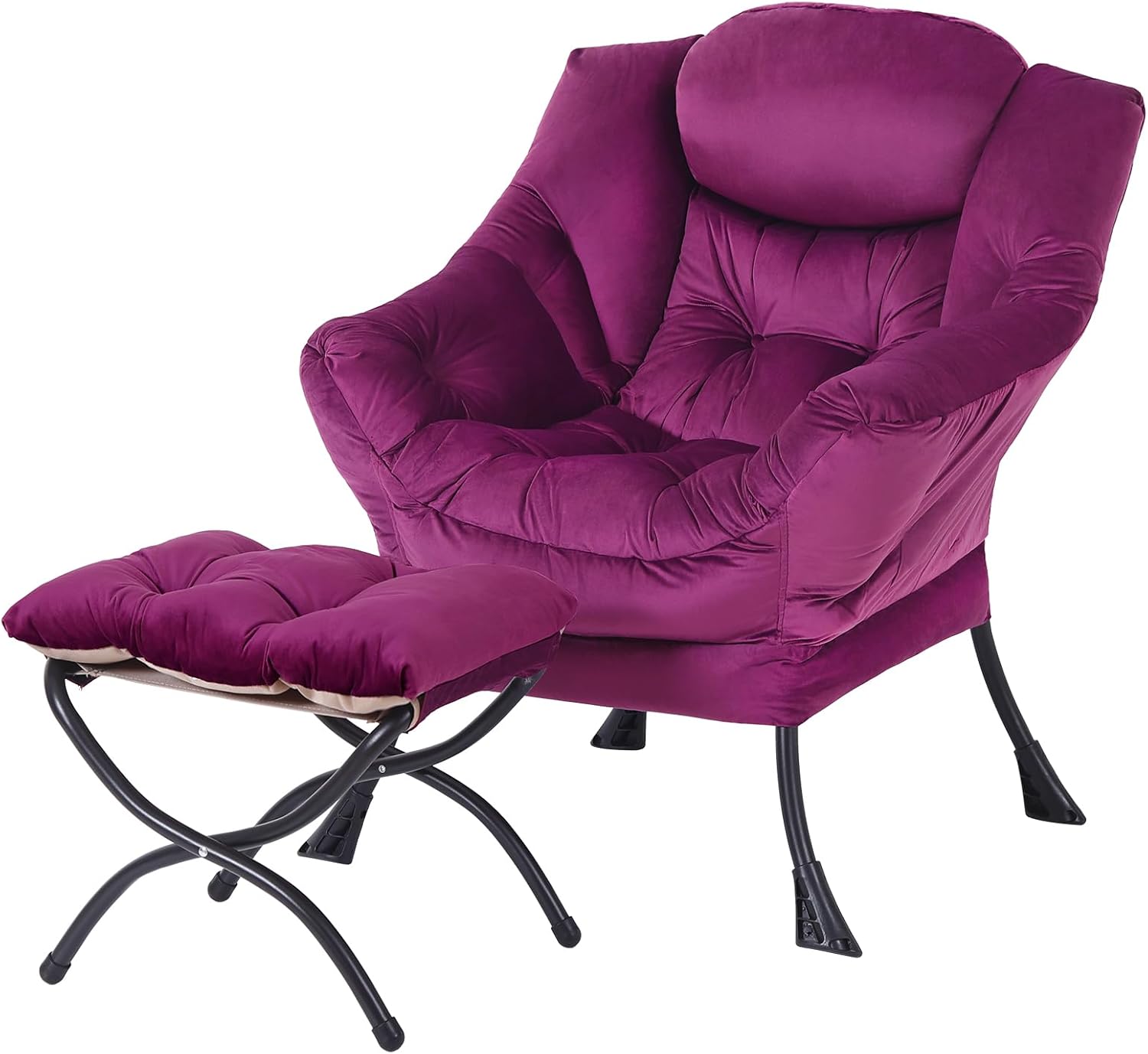 MBOOYOME Lazy Chair with Folding Ottoman, Modern Accent Armchair with Armrests, Side Pocket & Foldable Footstool, Reading Chair for Living Room, Bedroom, Dorm & Office, Velvet Purple