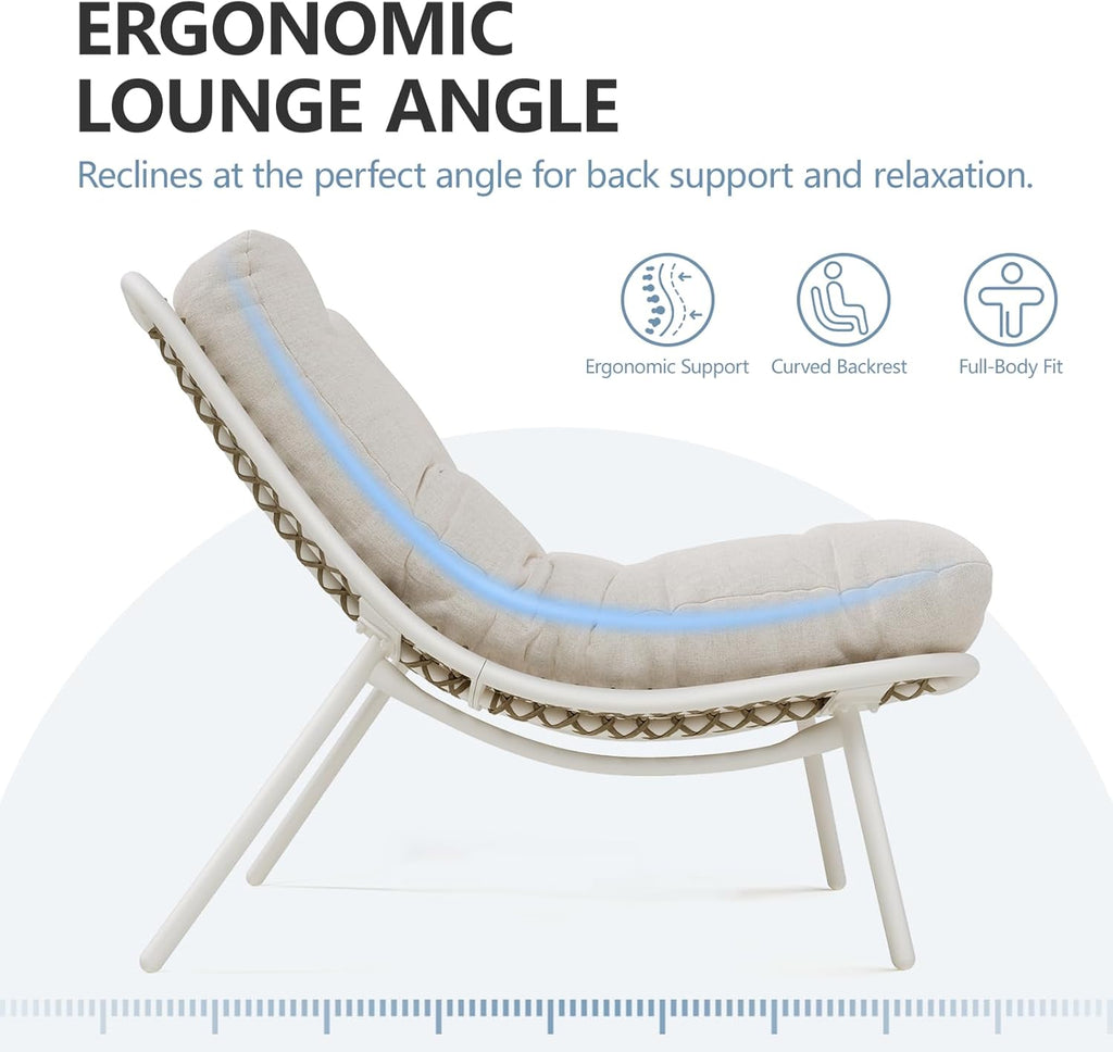 SWITTE Wicker Chaise Lounge Chair, Outdoor Comfy Papasan Recliner with Thick Cushion, Low Seat Patio Rattan Chair for Balcony, Backyard, Poolside - Cream