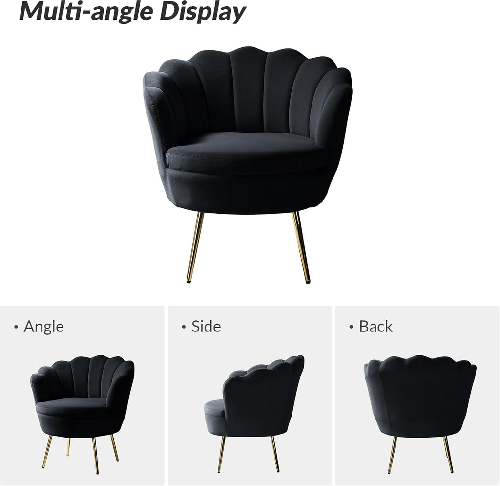 HULALA HOME Modern Velvet Accent Chair with Shell Shaped Back, Cute Living Room Bedroom Armchair with Gold Legs, Comfy Upholstered Vanity Chair for Makeup Room, Black