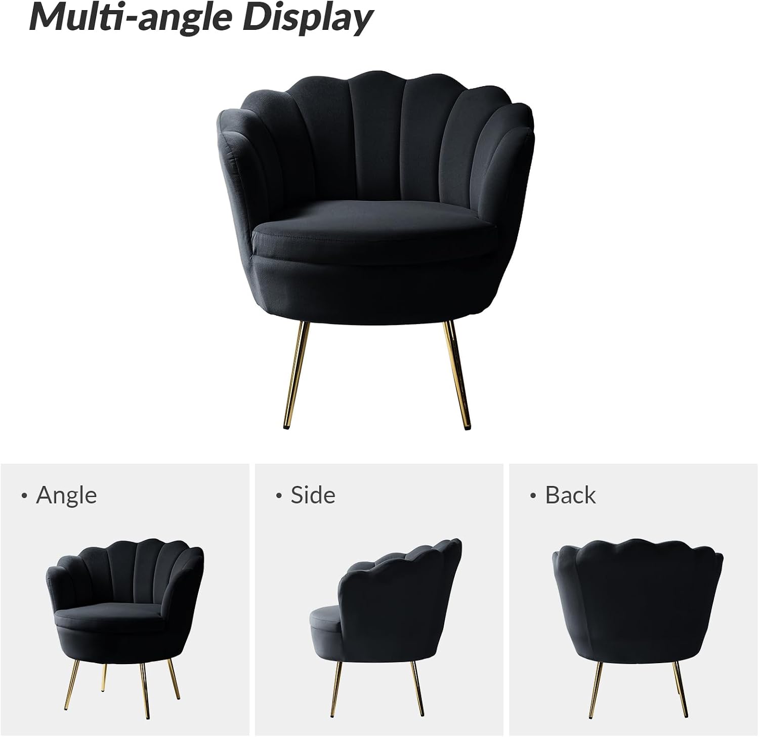 HULALA HOME Modern Velvet Accent Chair with Shell Shaped Back, Cute Living Room Bedroom Armchair with Gold Legs, Comfy Upholstered Vanity Chair for Makeup Room, Black