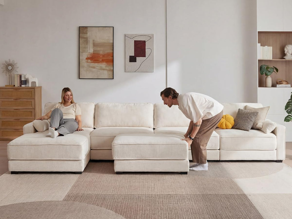 Vipbear 160' Oversized Modular Sectional Sofa, U Shaped Couch Set with 2 Pillows, 6 Seat Comfy Cloud Couches with 2 Movable Ottomans for Living Room, Bedroom and Apartment, Chenille Beige