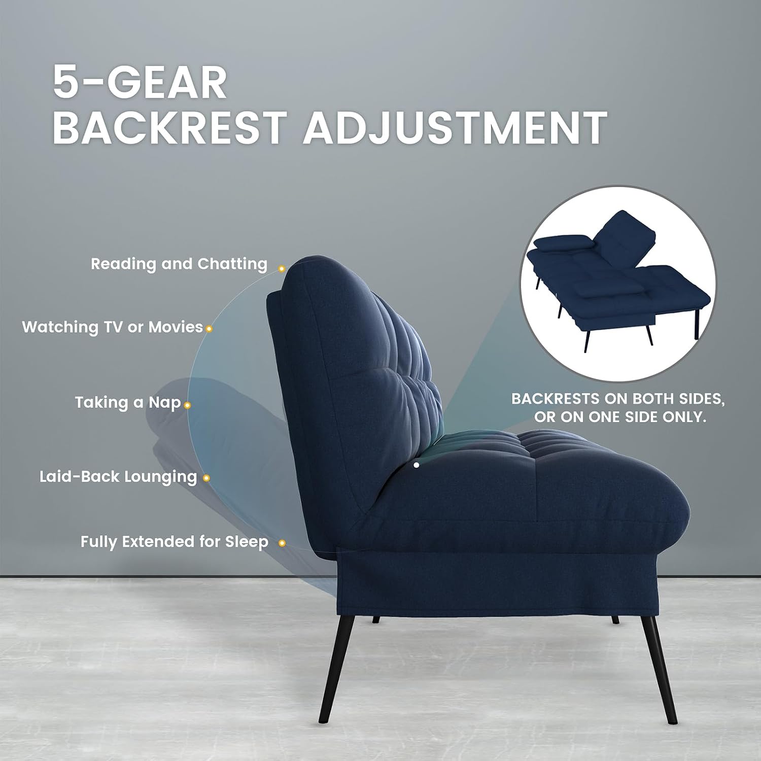 COMHOMA Convertible Futon Sofa Bed, 72″Fabric Futons Couch with Adjustable Backrest, Folding Sleeper Recliner for Living Room Furniture (Blue)