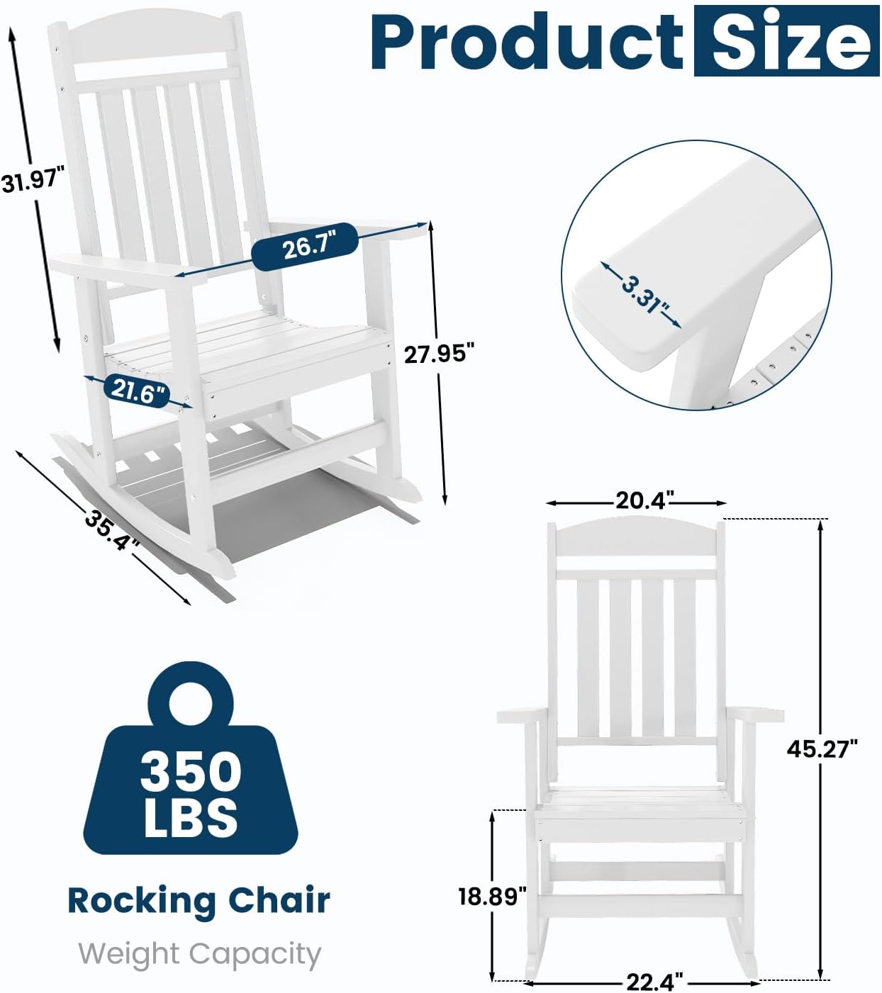 FOOWIN Outdoor Rocking Chair Set of 8, High Back Patio Rocking Chair, HDPE All Weather Resistant Porch Rocker for Adult, Oversized Rocking Chairs for Garden, Lawn, Indoor & Outdoor Use, White