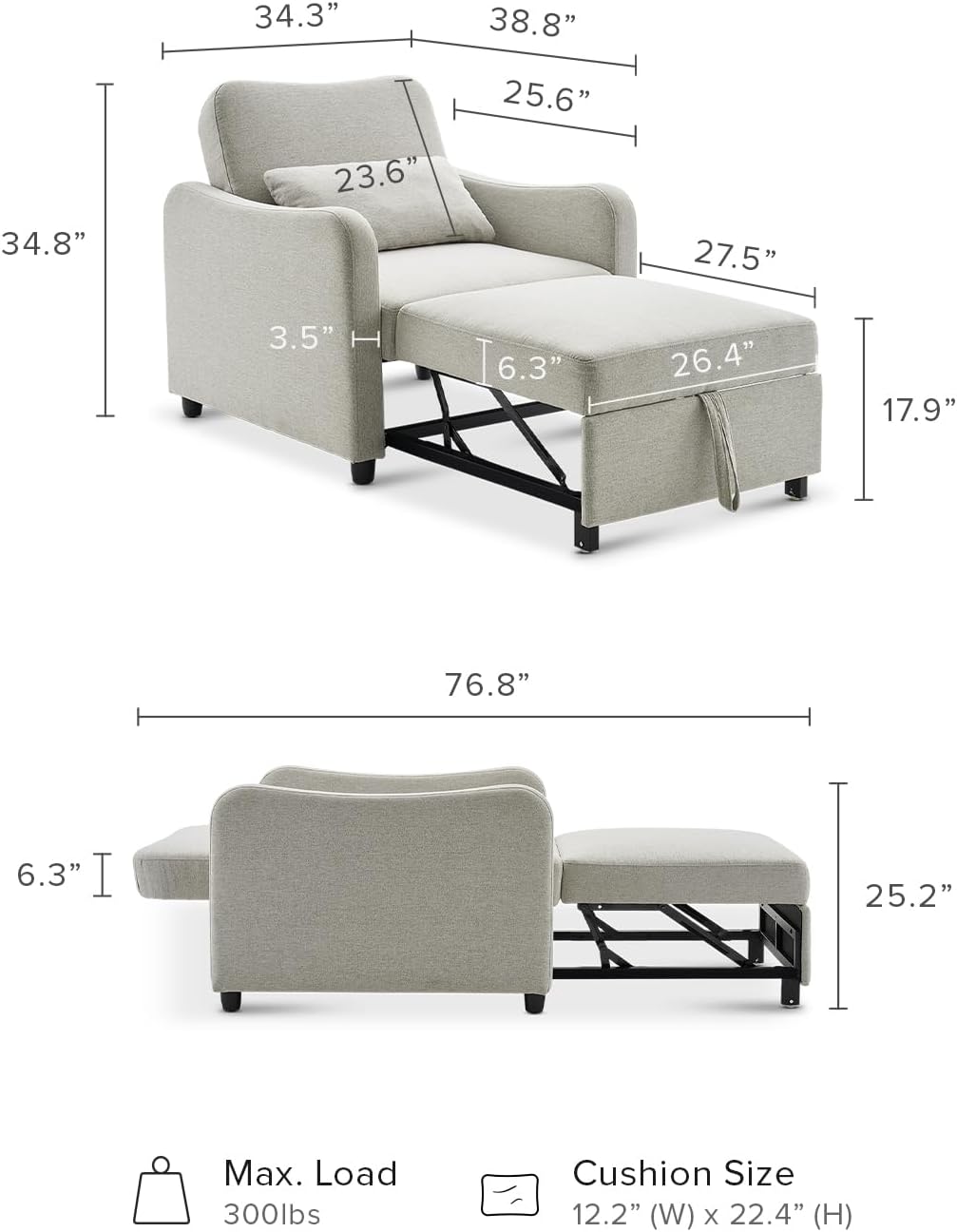mopio Sophie 4-in-1 Convertible Sleeper Chair Bed, Accent Chair, Chaise Lounge, Comfy Reading Armchair, Pull Out Sofa Bed with Adjustable Backrest for Living Room, Bedroom (Light Gray Fabric)