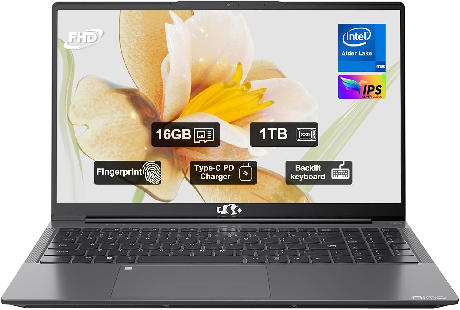 NIMO 15.6' FHD-Laptop, 16GB RAM 1TB SSD Intel Pentium Quad Core N100 (Beat to i3 1115G4 Up to 3.4GHz) Student Laptop, IPS Computer with Backlit Keyboard Fingerprint 2 Years Warranty WiFi 6 Space Gray
