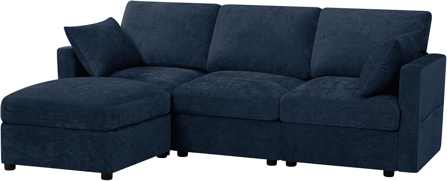 84' Chenille 3-Seats Sofa W/Movable Ottoman, Modern Fabric L-Shaped Couch w/Soft Backrests, Upholstered Sectional Sofa w/Arm Pillows for Living Room, Office, Blue
